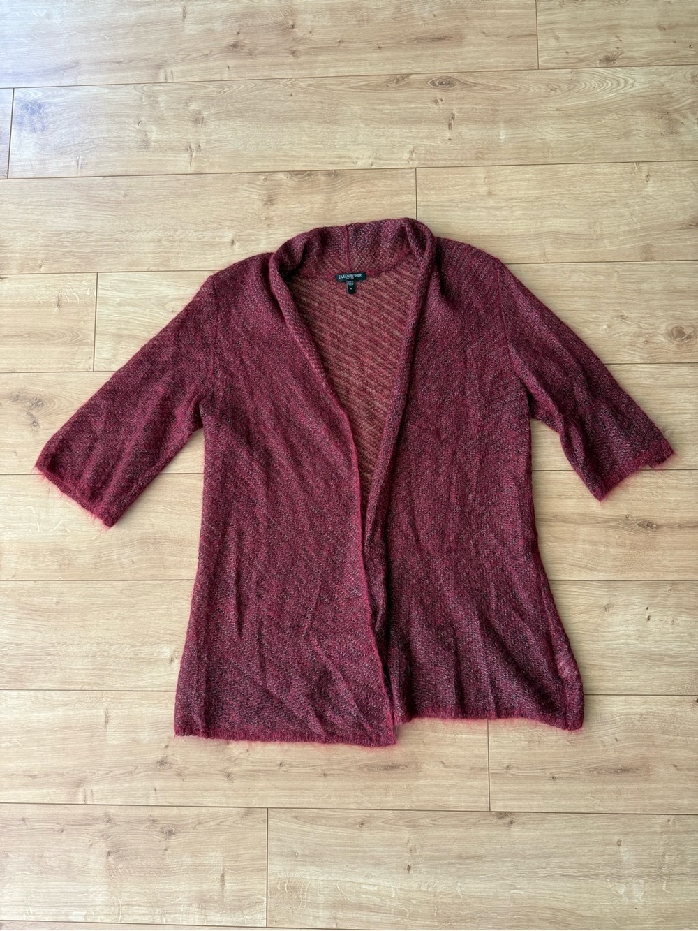 Eileen Fisher Burgundy Mohair Blend Open Cardigan Petite Large Shimmer Knit